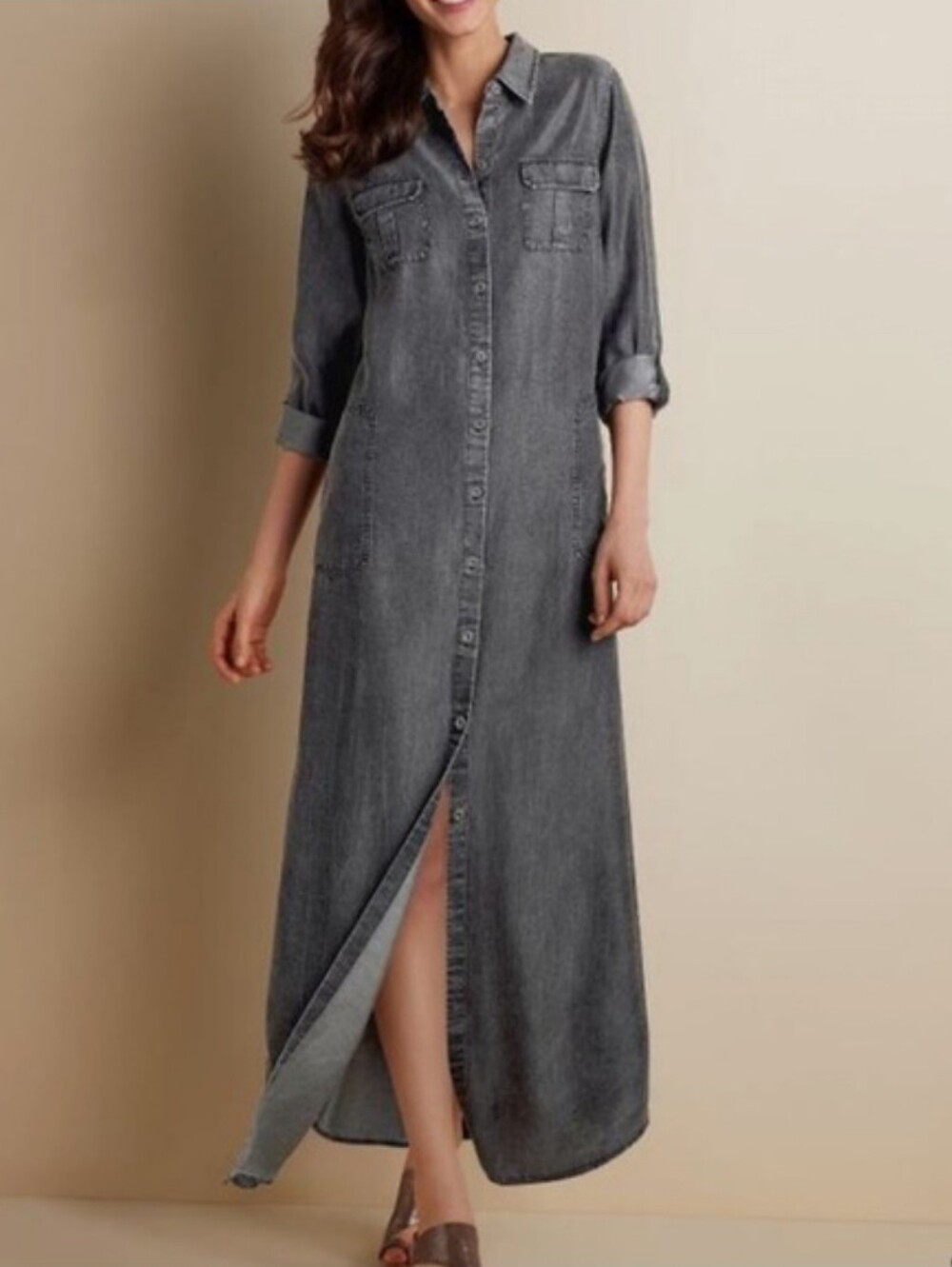 TALL Soft Surroundings Denim Shirtdress Midi Button Front Belted Black Gray SM T